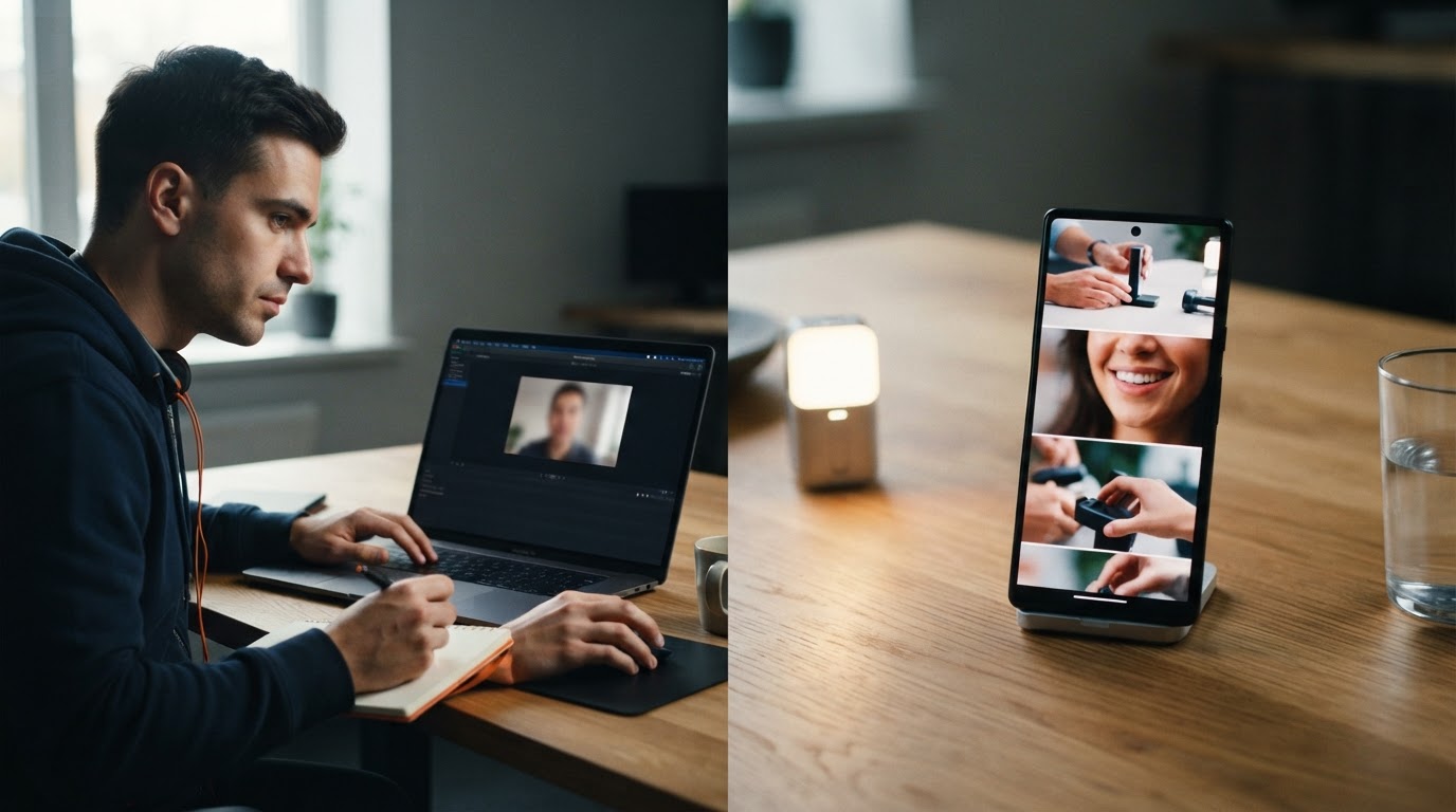 Split composition showing avatar-generation on one side and reaction b-roll generation on the other