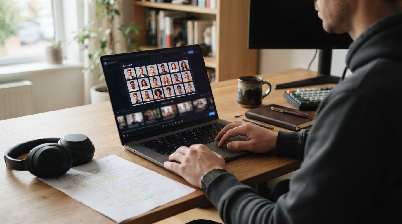 Workspace with a laptop showing an AI avatar selection grid and exported short clips on screen
