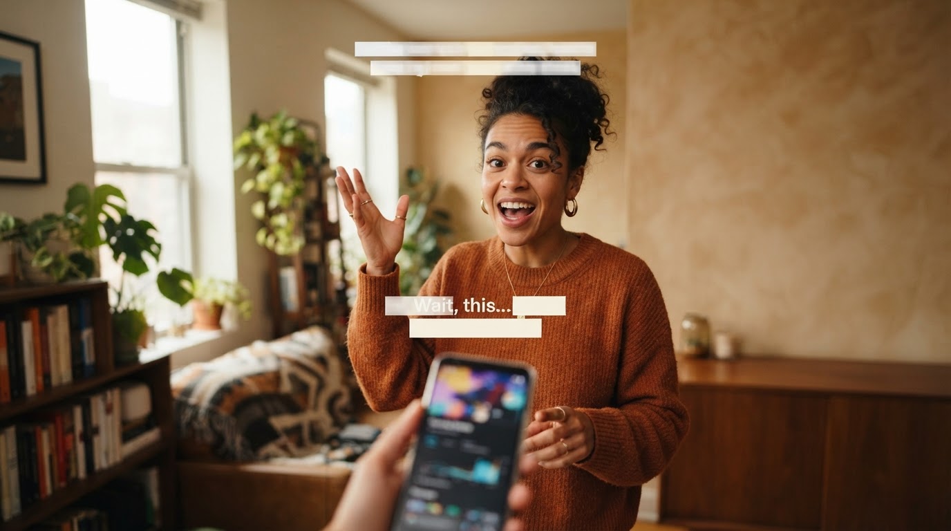 Vertical phone-screen style shot of a person mid-hook with natural captions and product demo overlay