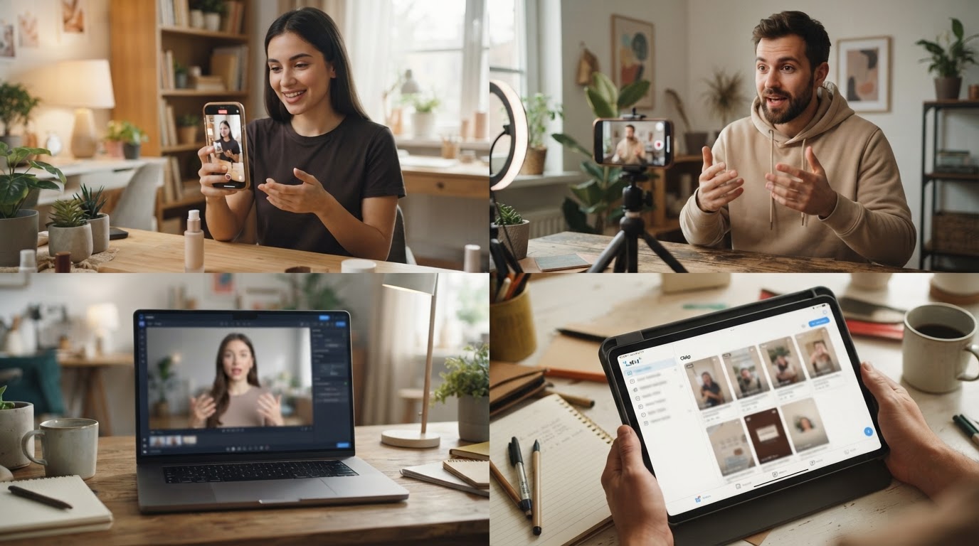 Split-scene photo showing four small vignettes: self-filmed, hired creator, AI avatar, and batching tool workflow