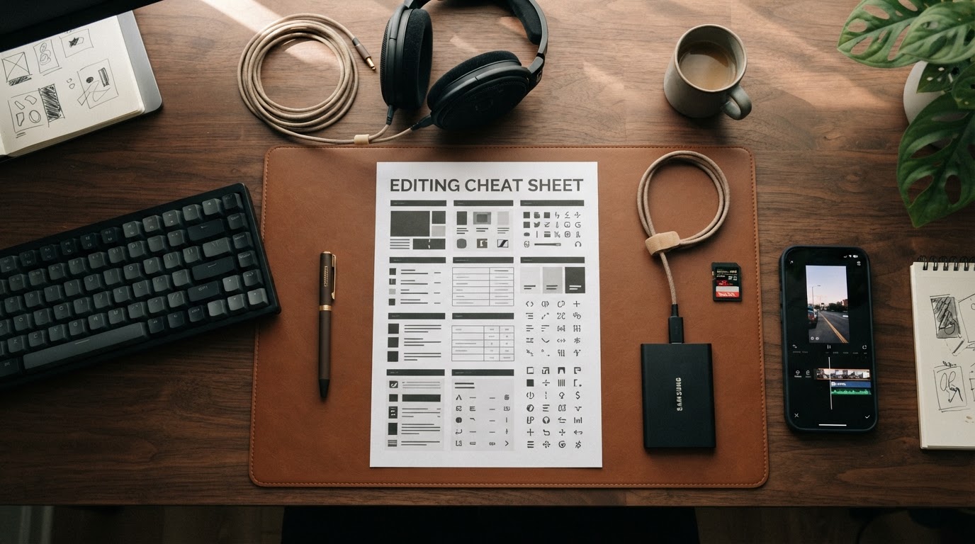 Workspace flatlay with export guide printed sheet and editing gear