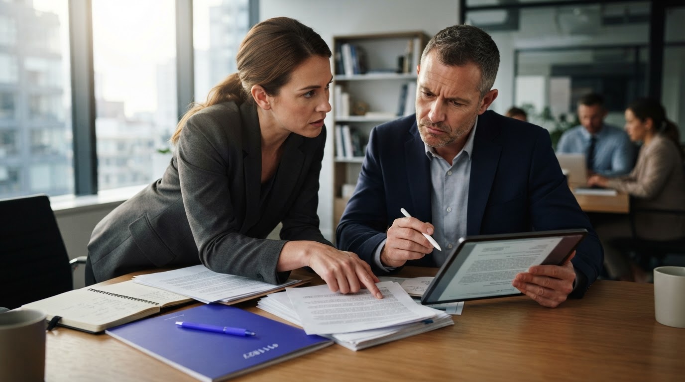 Marketer reviewing licensing and disclosure notes with legal caution