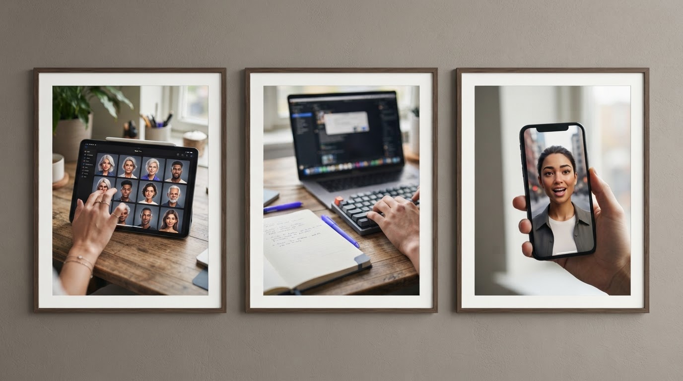 Sequence showing avatar selection, script writing, and a generated selfie-style clip