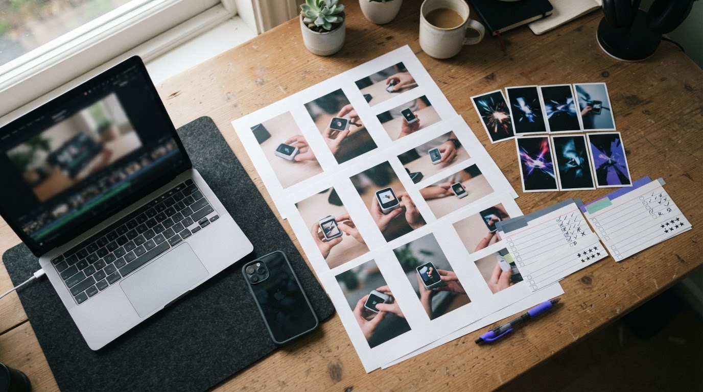 Storyboard-style desk showing product demo footage, AI opener clips, and scoring notes