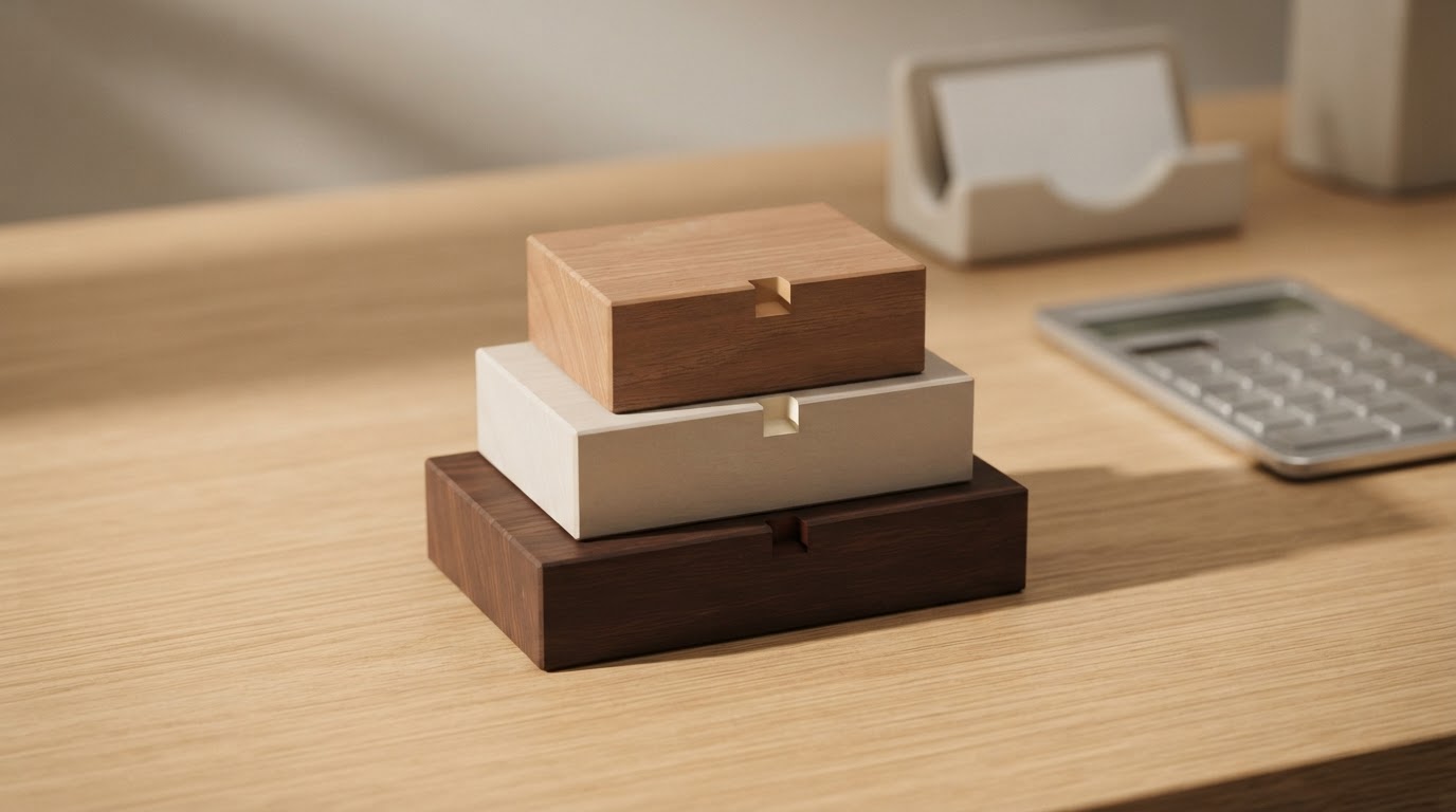 Three-tier pricing concept: three stacked blocks with subtle brand accents