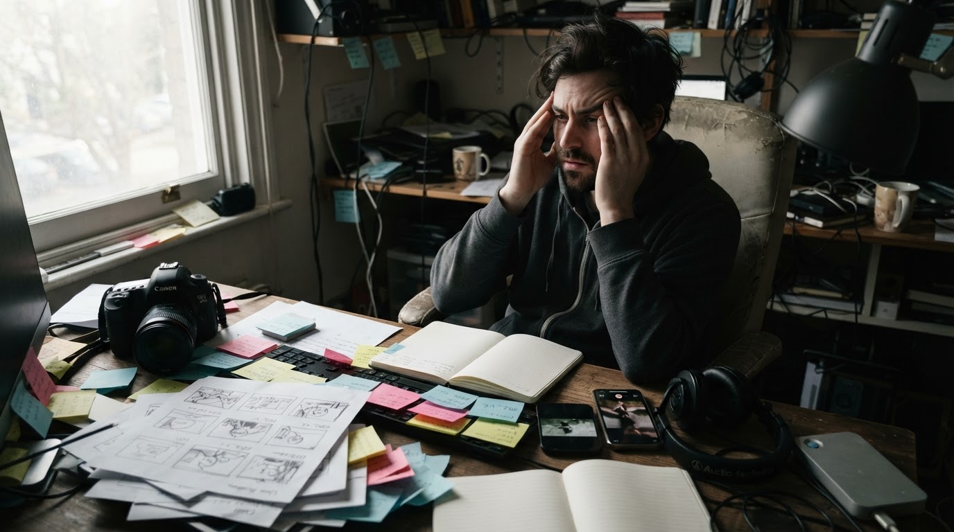 Messy workflow: scattered clips, phone, and storyboard showing repetitive editing work
