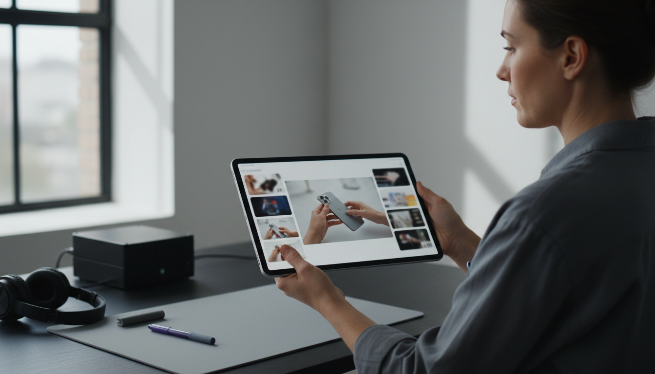 Marketer previewing multiple paired UGC openers with one product demo on a large tablet