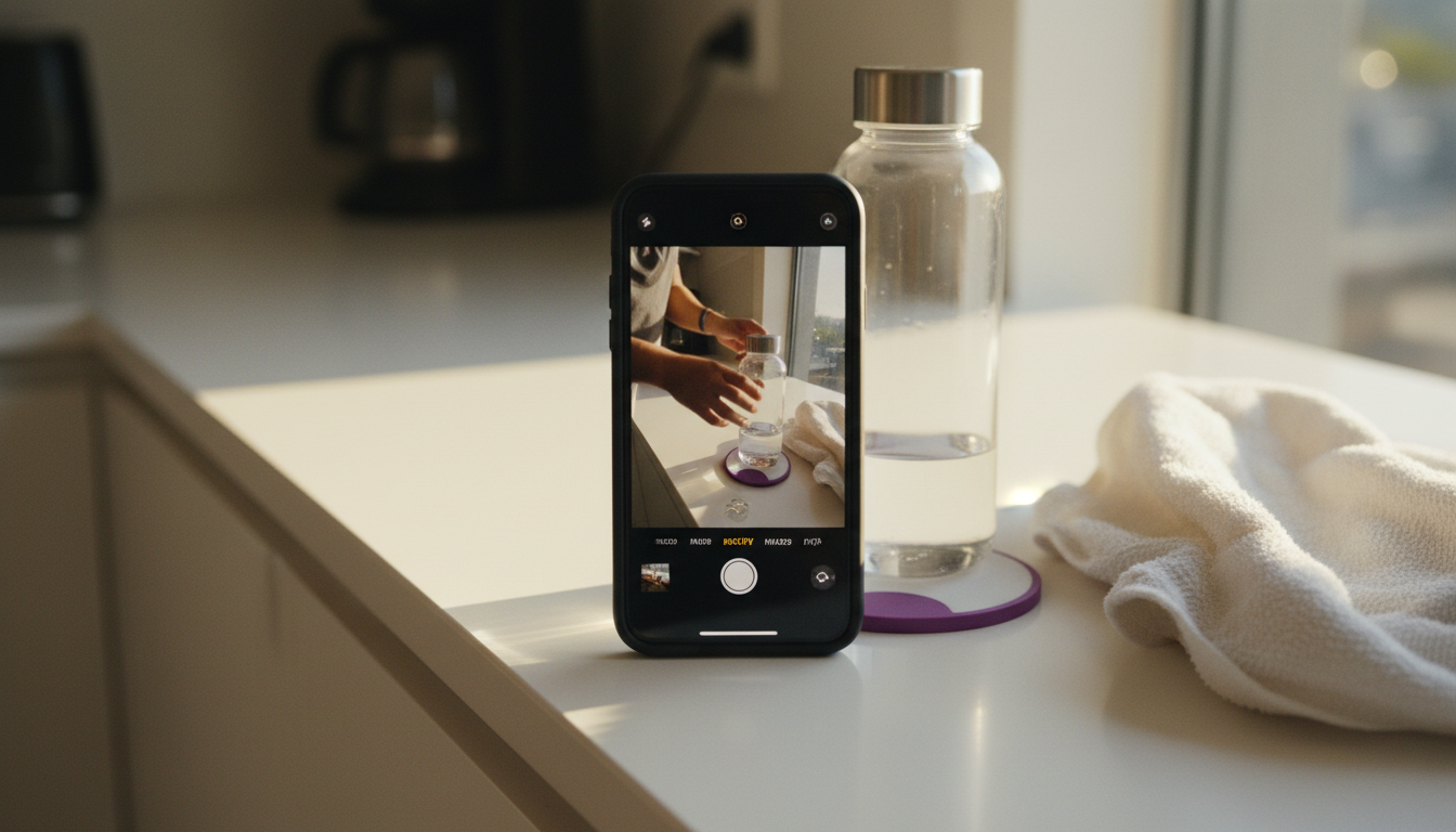 Close-up of a vertical phone recording a casual at-home product demo