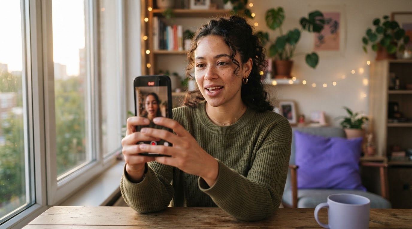 Vertical smartphone view of a casual UGC-style creator filming a talking-head clip indoors