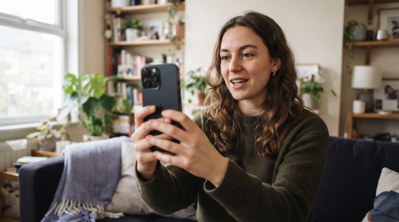 Side-by-side view of a phone-recorded talking-head with natural lighting and imperfect framing
