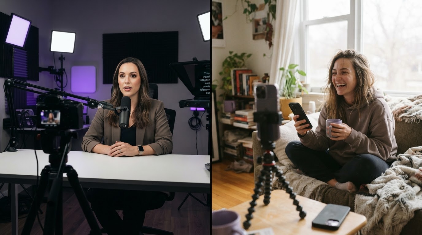 Example of overproduced setup vs. casual phone filming contrasted in one frame