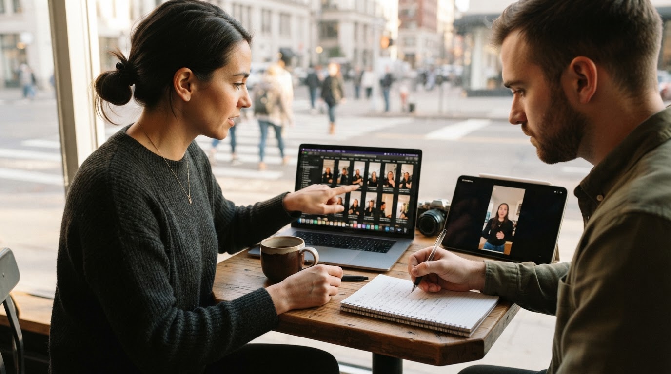 Small team reviewing a library of hook clips on a tablet and laptop