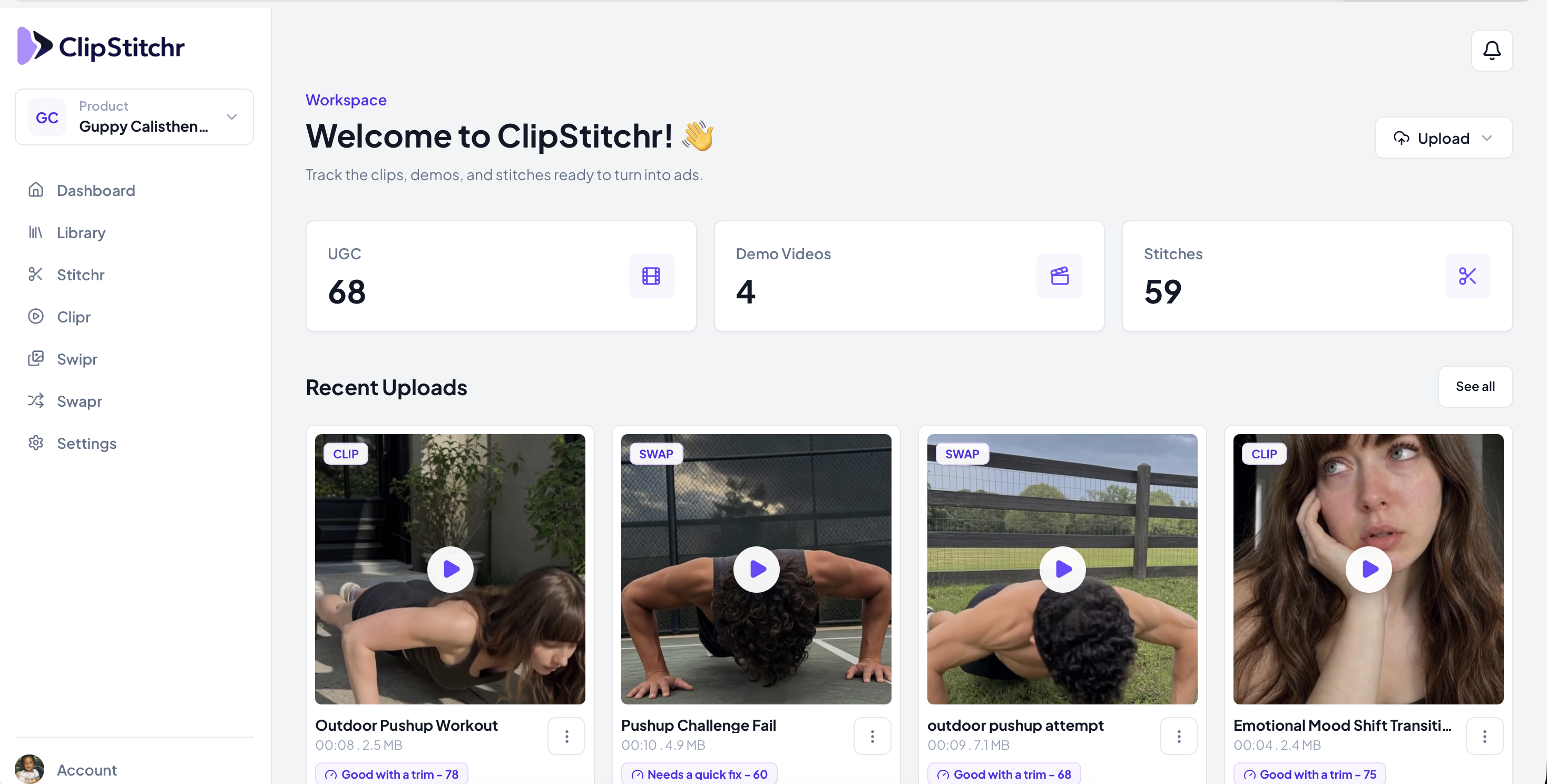 ClipStitchr dashboard showing completed stitches and saved Guppy templates